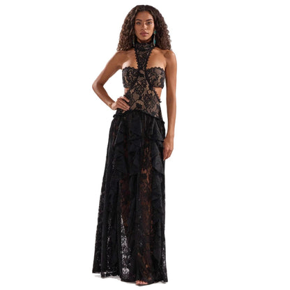 Damen Spitzentraumkleid Hochgeschlossener Kragen Fließender Rock