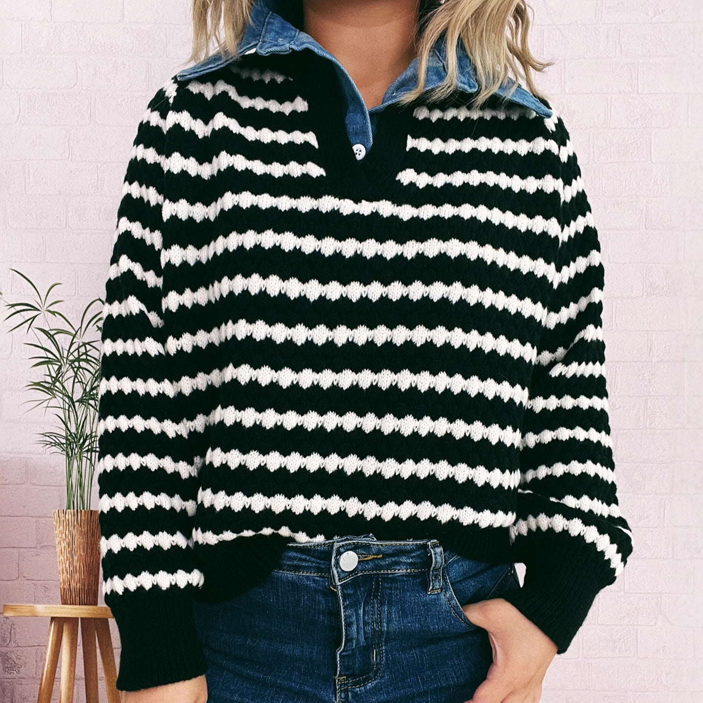 Damen Strickpullover V-Ausschnitt Streifenmuster