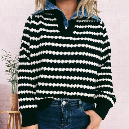 Damen Strickpullover V-Ausschnitt Streifenmuster