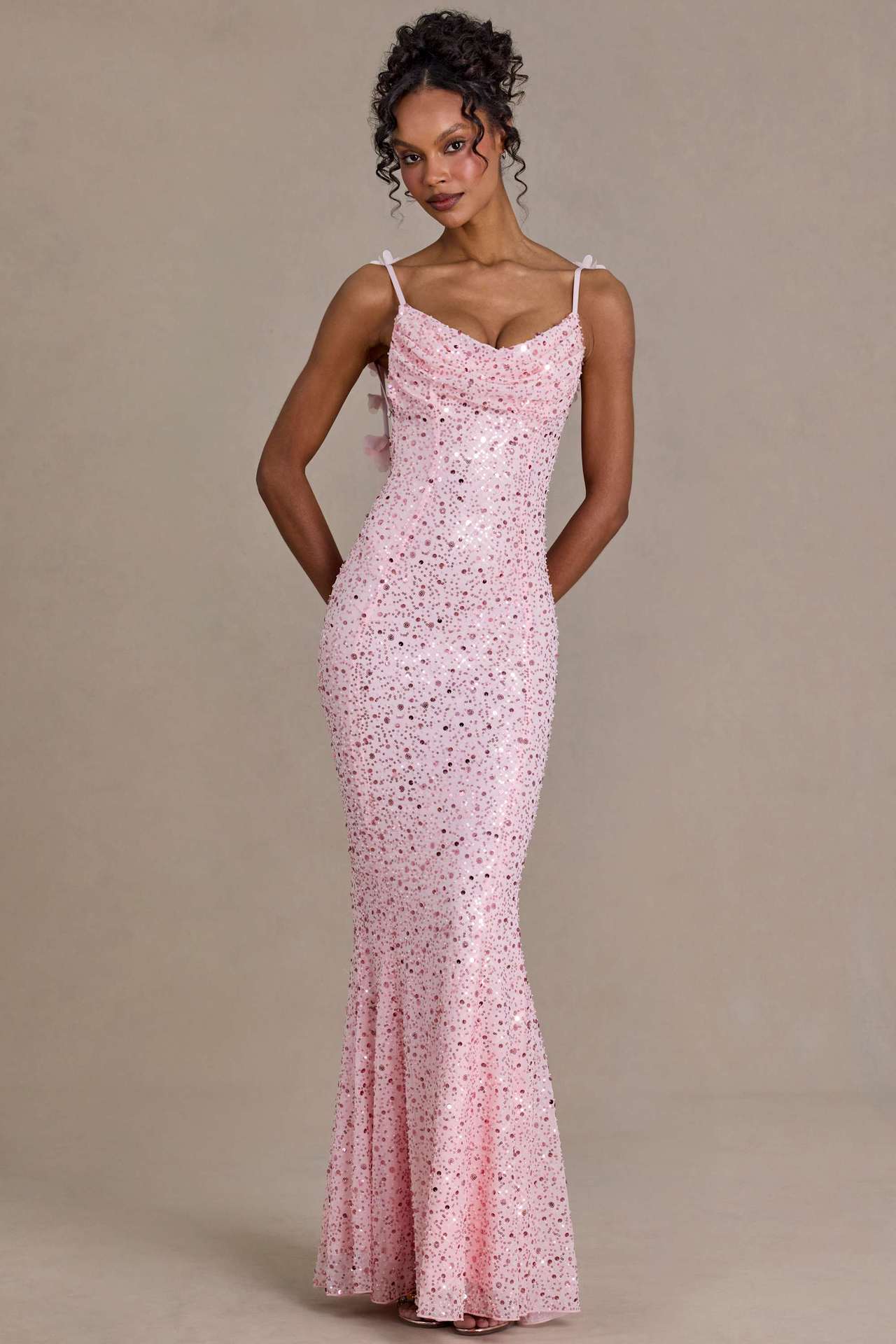 Damen Maxi-Kleid Pailletten Wasserfallausschnitt Figurbetonter Stoff