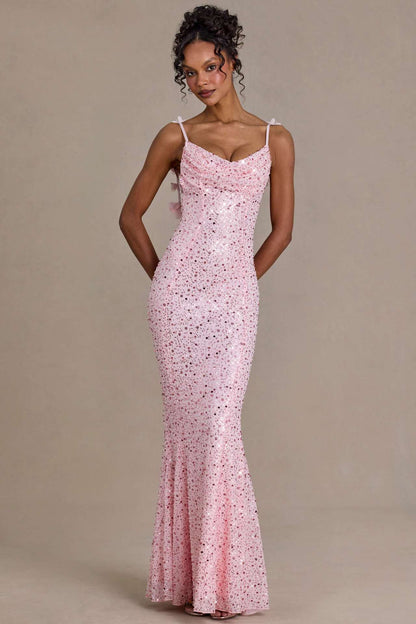 Damen Maxi-Kleid Pailletten Wasserfallausschnitt Figurbetonter Stoff