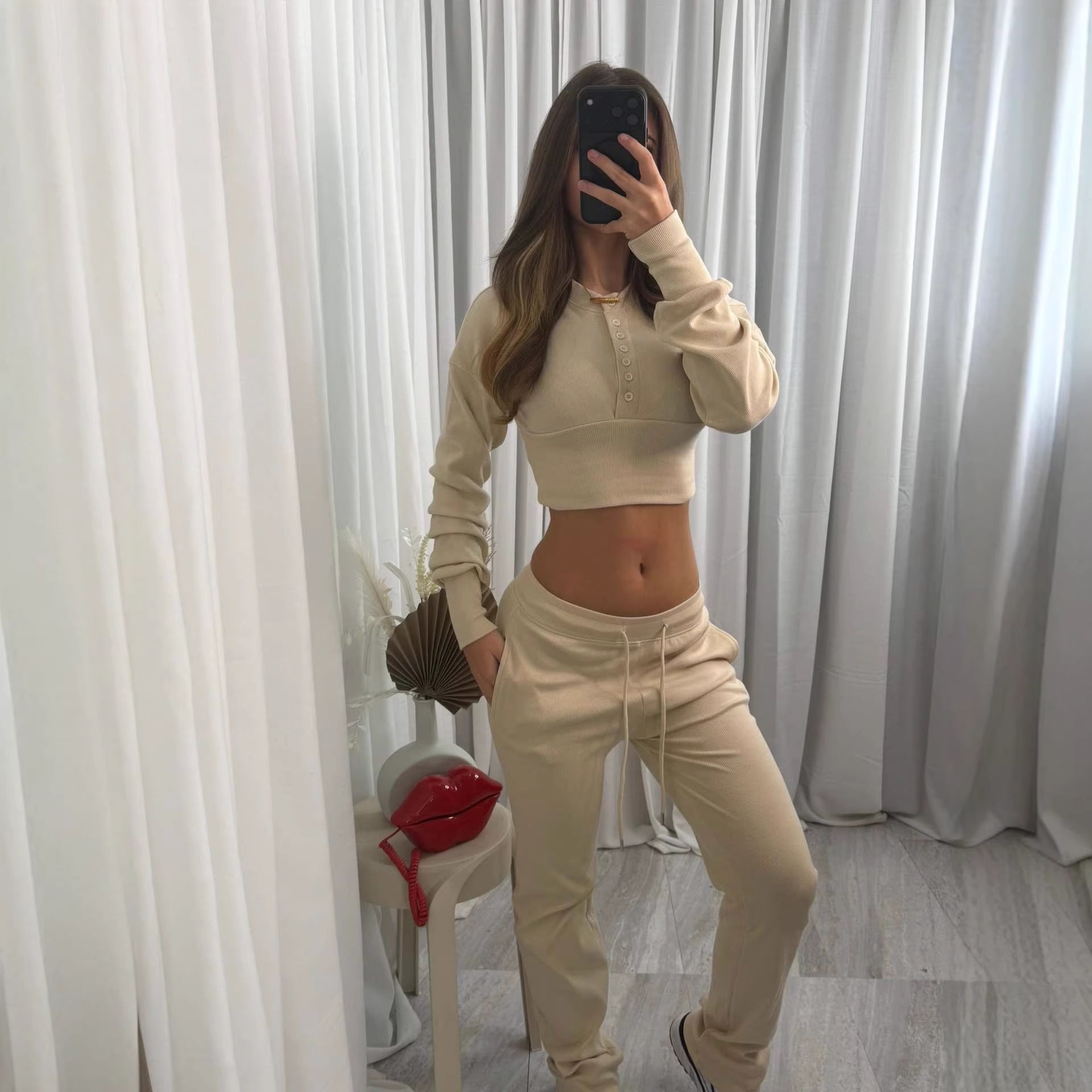 Damen Loungewear-Set Gemustert mit gekürztem Oberteil und Jogginghosen - Norvielle
