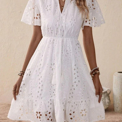 Weiße Damen Sommerkleid Baumwolle Kurzarm Boho-Stil