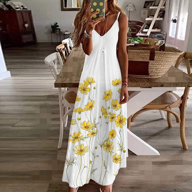 Damen Maxikleid Baumwolle Blumenprint V-Ausschnitt Luftig - Norvielle