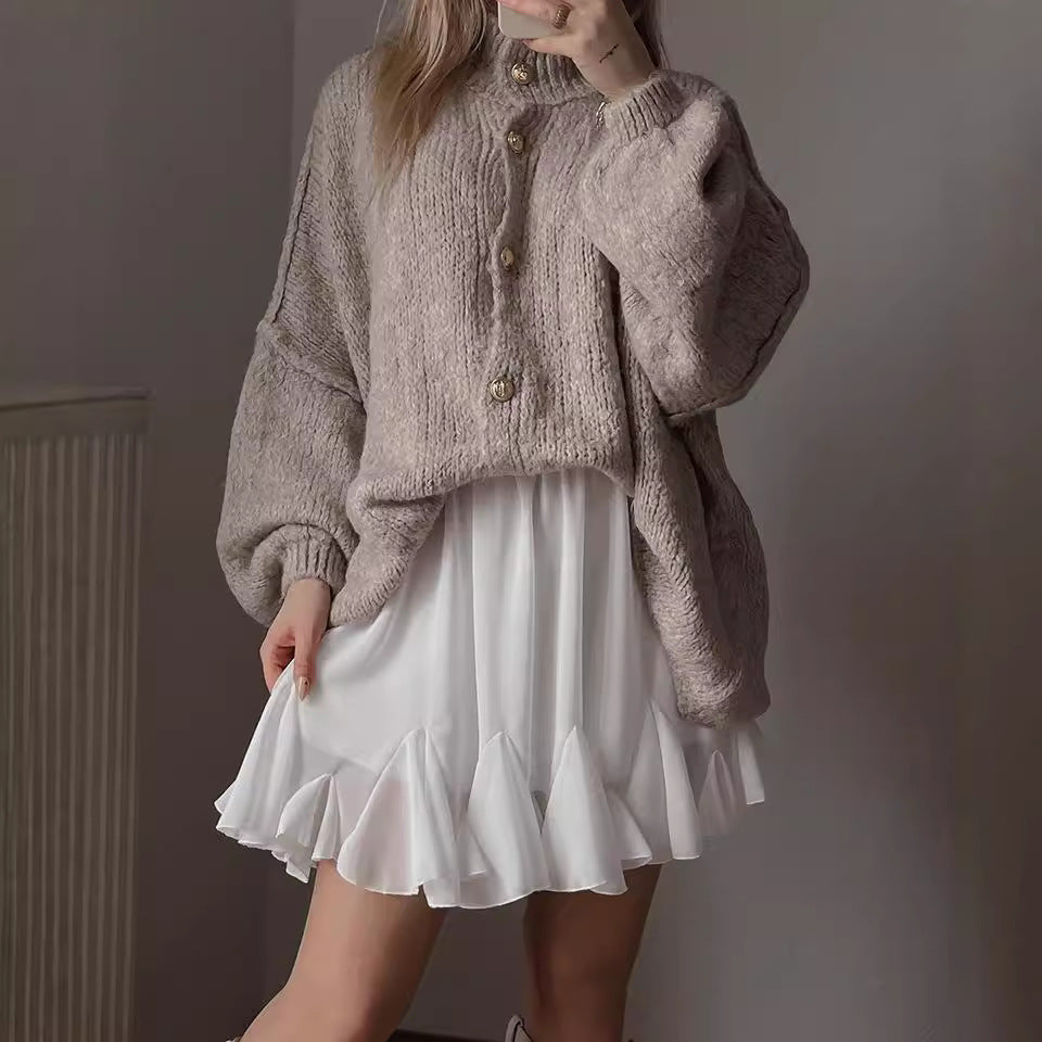 Damen Oversized Strickpullover Voluminöse Ärmel Beige