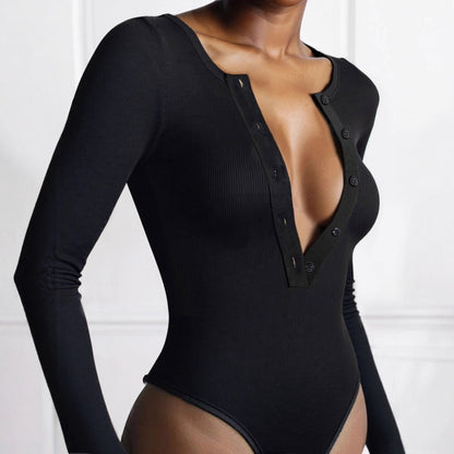 Damen Langarm-Bodysuit mit Knöpfen Elegantes Design Schwarz - Norvielle