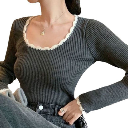 Damen Pullover Feiner Rippstrick Dekorativer Saum Beige