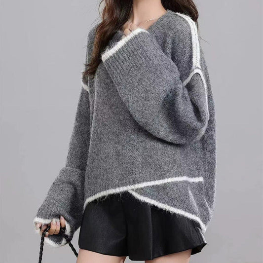 Damen Strickpullover Grobstrick Kontrastfarben Lässig Schwarz - Norvielle