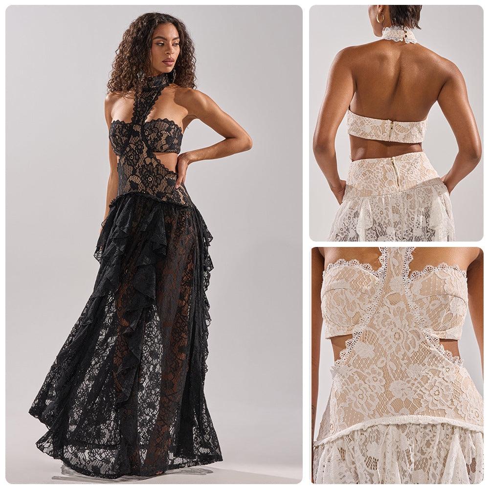 Damen Spitzentraumkleid Hochgeschlossener Kragen Fließender Rock - Norvielle