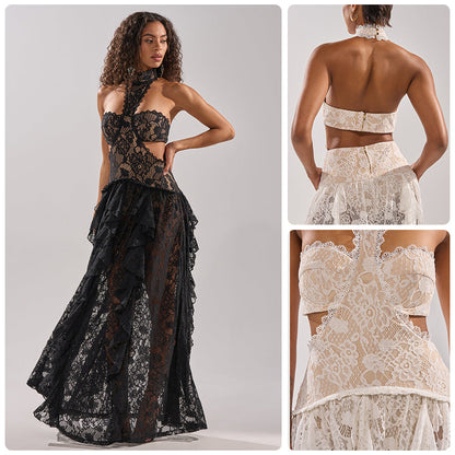 Damen Spitzentraumkleid Hochgeschlossener Kragen Fließender Rock - Norvielle