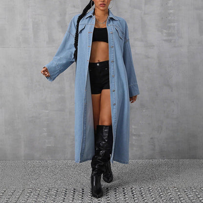 Damen Denim Maxi-Jacke Oversized Bequeme Druckknöpfe
