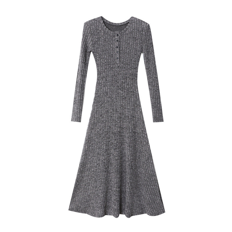 Damen Strickkleid Lang Knopfleiste Figurbetont
