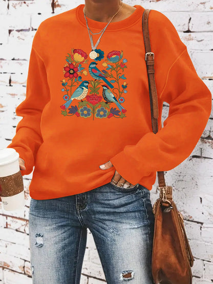 Damen Sweatshirt Florales Vogeldesign Lässiger Schnitt Norvielle