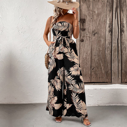 Damen Strapless Jumpsuit Florale Print Taillengürtel