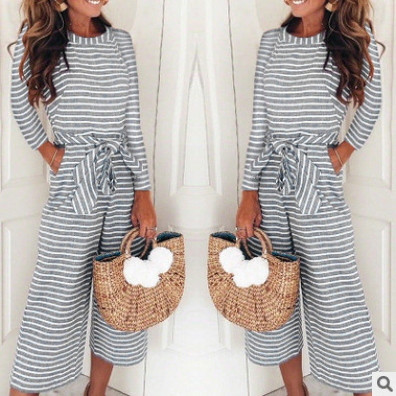 Damen Jumpsuit Lässiger Bindegürtel Gestreift Norvielle