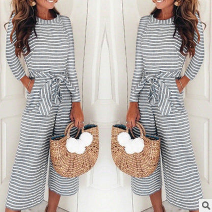 Damen Jumpsuit Lässiger Bindegürtel Gestreift Norvielle