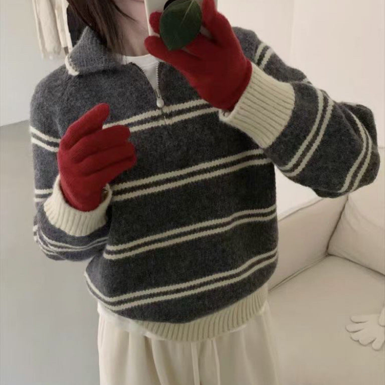 Damen Pullover Gemustert Stehkragen Kontrastdetails Norvielle - Norvielle
