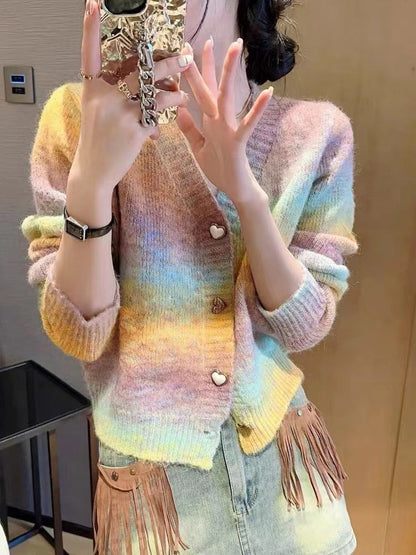 Damen Strickjacke Farbverlauf Herzknöpfe