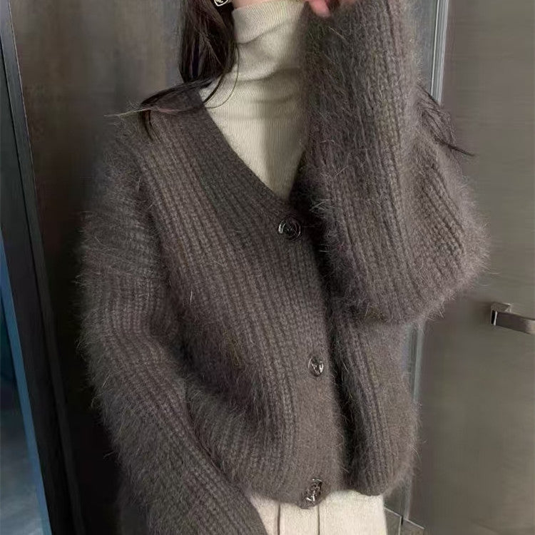 Damen Strickjacke Flausch Norvielle Lässig Knopf
