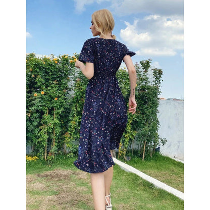 Damen Midi-Kleid Floralmuster Schwingender Saum