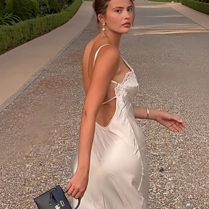 Damen Satin Maxikleid Spitzenbesatz schmal Norvielle