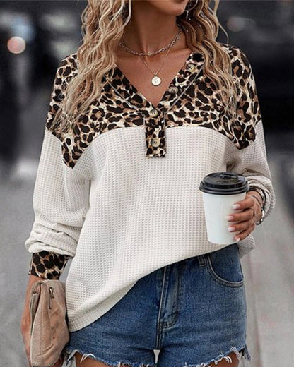 Damen Oberteil Leo-Design Knopf-Detail Bluse
