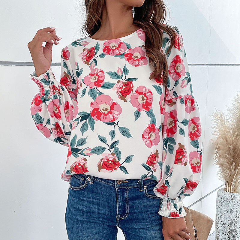 Damen Bluse mit Volantärmel Floralmuster Blume