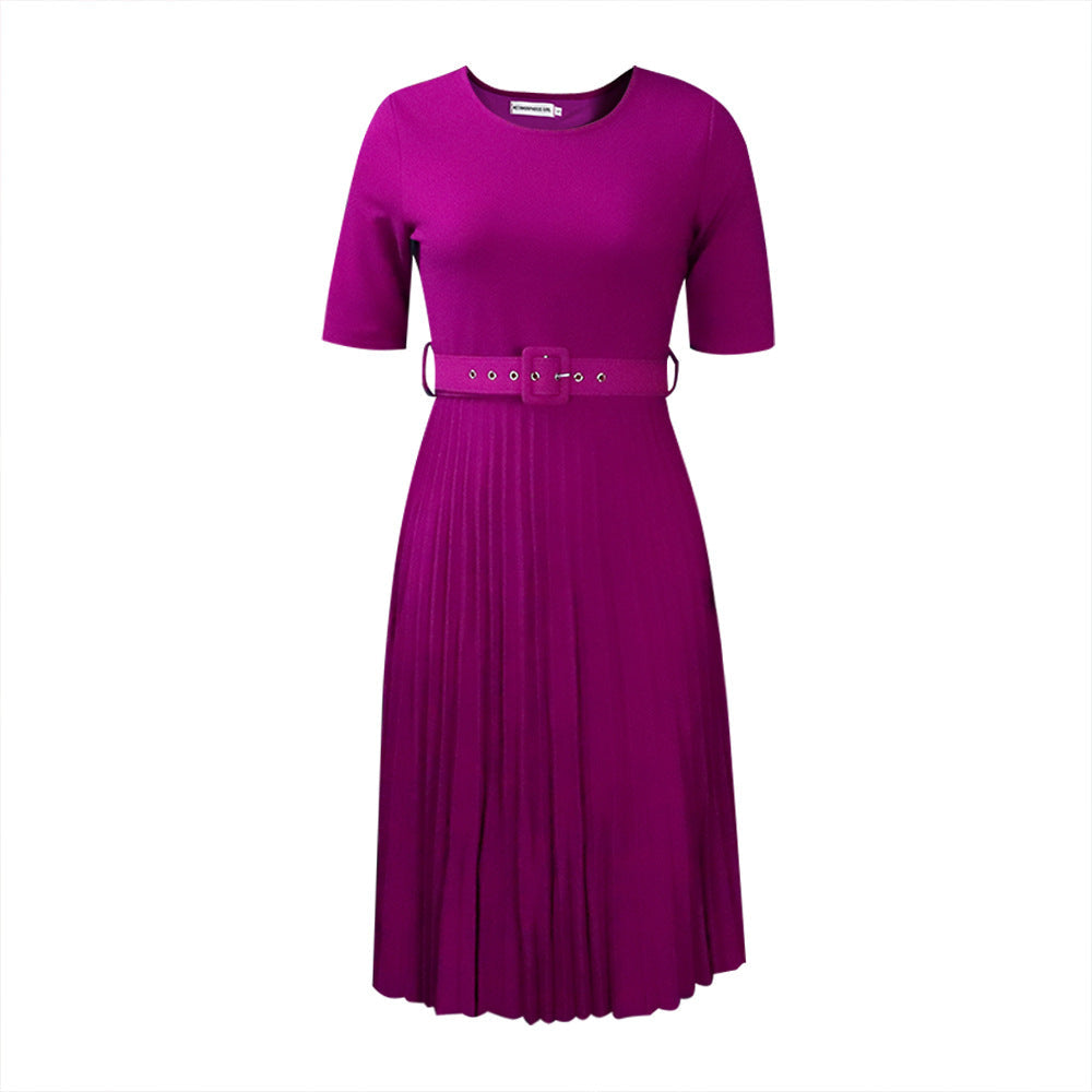 Damen Plissiertes Kleid mit Taillengürtel und kurzen Ärmeln