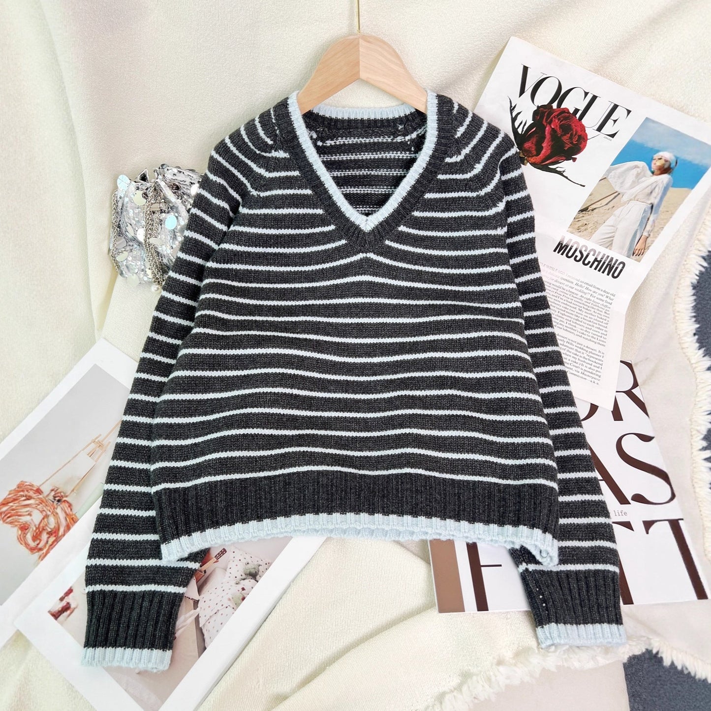 Damen Pullover Gestreift V-Ausschnitt Lässig Norvielle