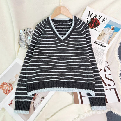 Damen Pullover Gestreift V-Ausschnitt Lässig Norvielle
