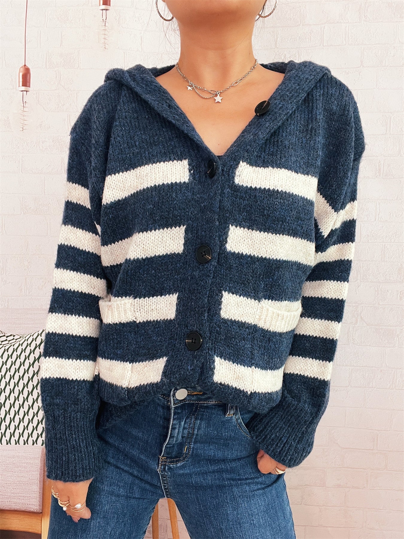 Damen Strickcardigan mit Kapuze und Streifen