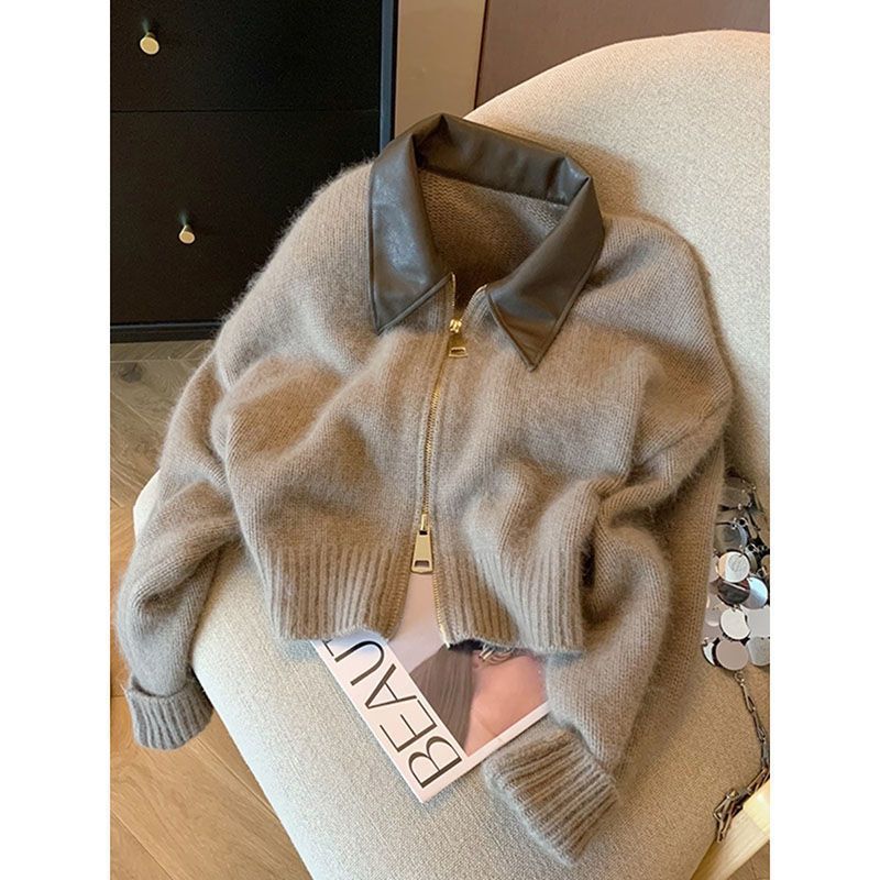 Damen Strickjacke Lederkragen Norvielle