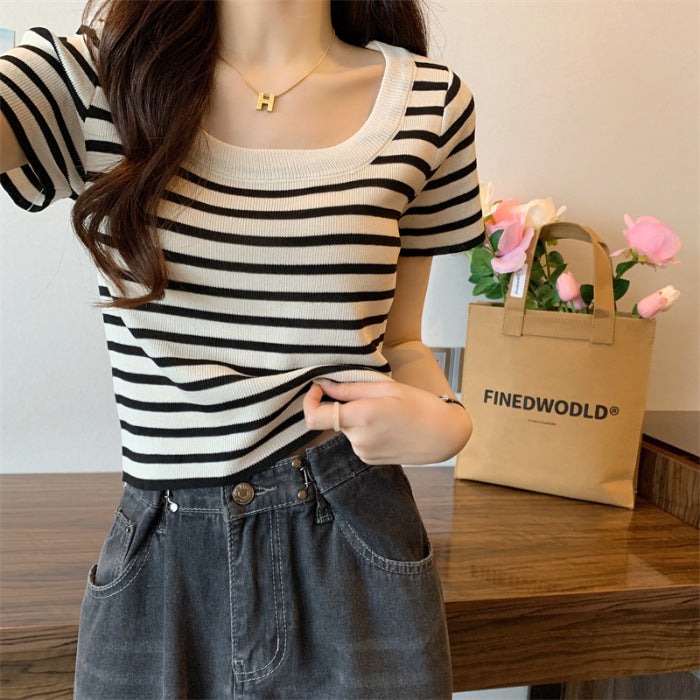 Damen Cropped Oberteil Streifen Elastisch Weiß