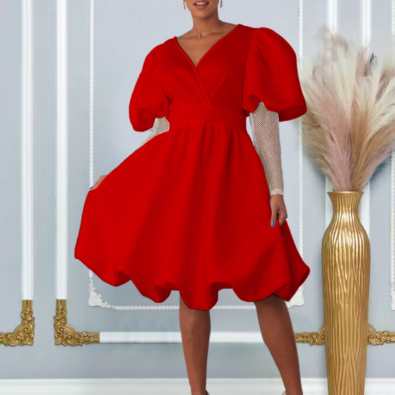 Damen Wickelkleid Puffärmel Netzoberarm Norvielle