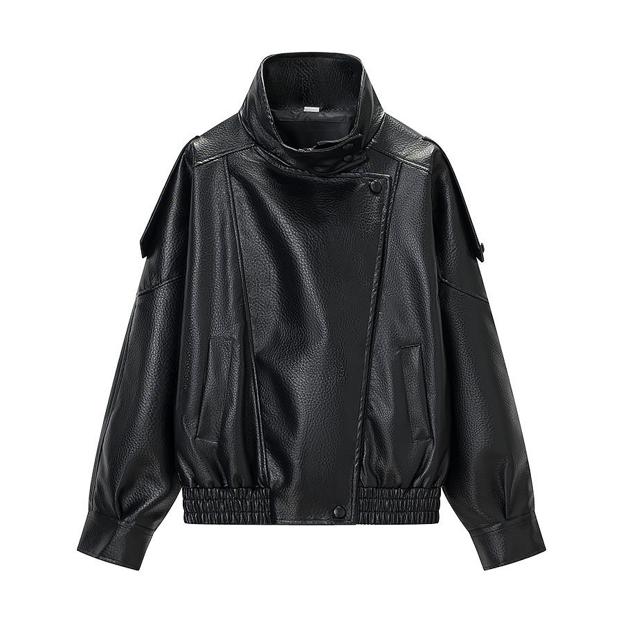 Damen Kunstlederjacke Hochkragen Praktische Taschen