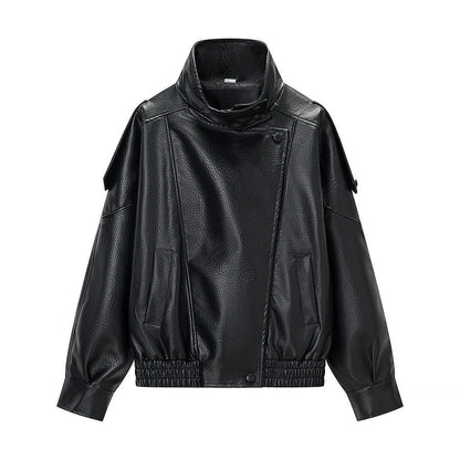 Damen Kunstlederjacke Hochkragen Praktische Taschen