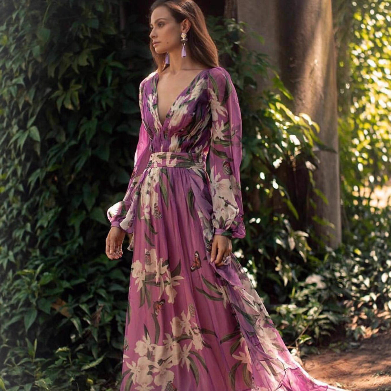 Damen Maxi-Kleid Florales Muster Voluminöse Ärmel