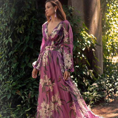 Damen Maxi-Kleid Florales Muster Voluminöse Ärmel