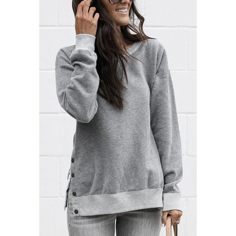 Damen Sweatshirt V-Ausschnitt mit Druckknöpfen Grau