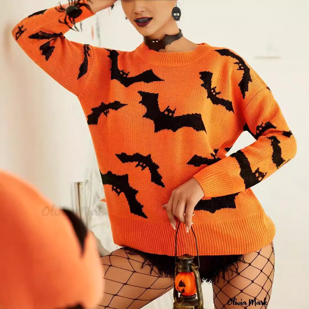 Damen Halloween Pullover Fledermaus Muster Norvielle