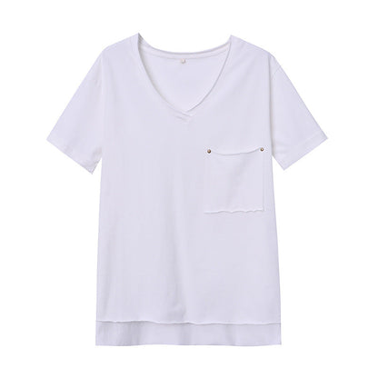 Damen T-Shirt V-Ausschnitt Baumwolle Brusttasche