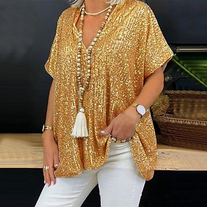 Damen Paillettentop Lässiger Schnitt V-Ausschnitt Glitzernd Norvielle