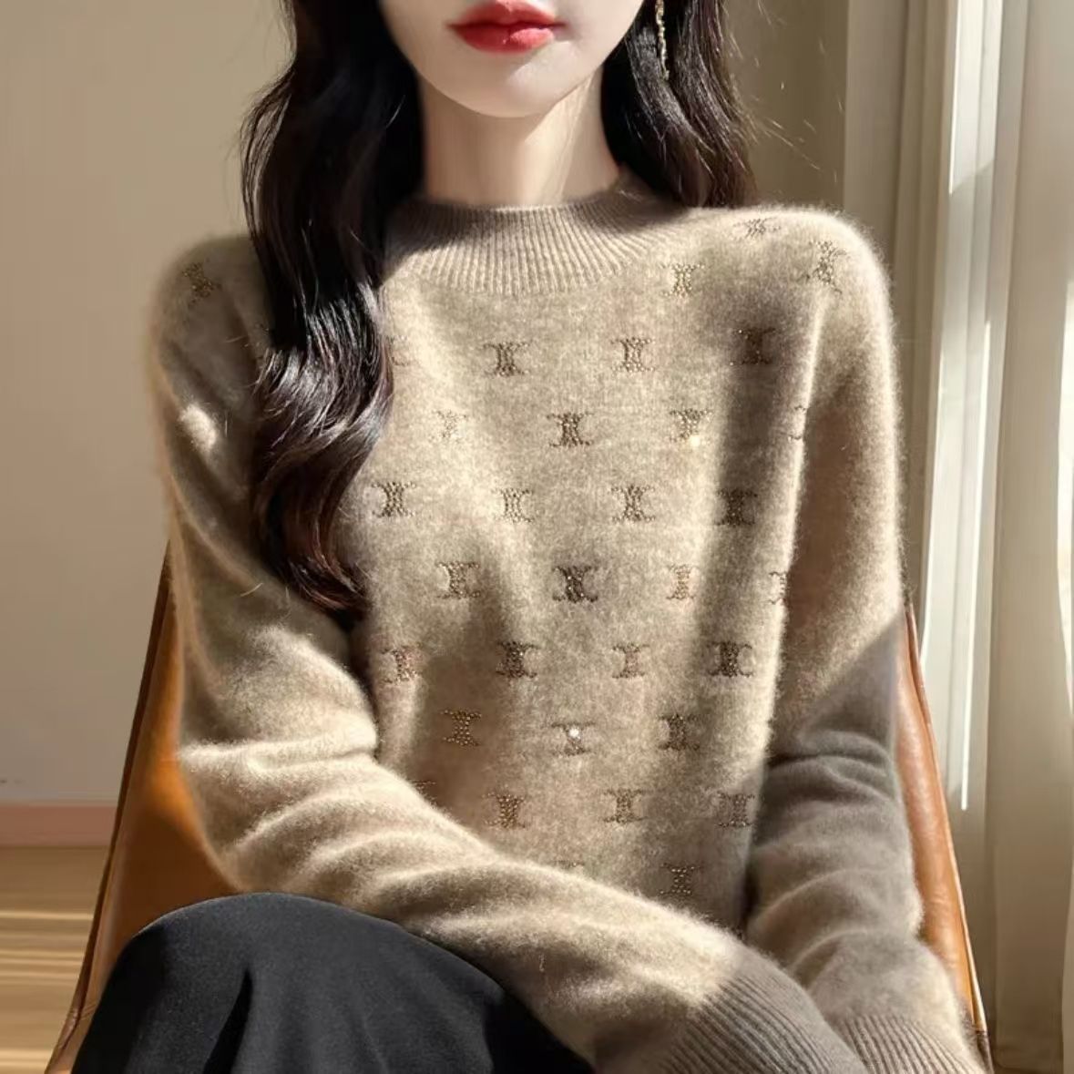 Damen Strickpullover Feines Glitzerdesign Rundhalsausschnitt Norvielle