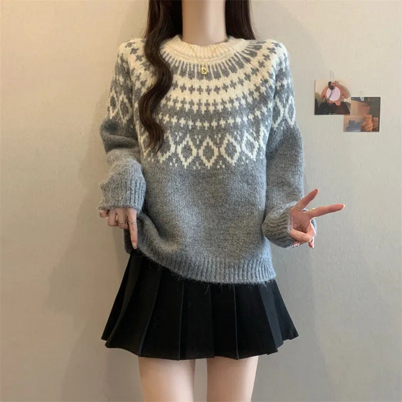 Damen Strickpullover Nordisches Muster Weich Grün