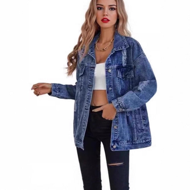 Damen Oversized Denimjacke Ripped Details