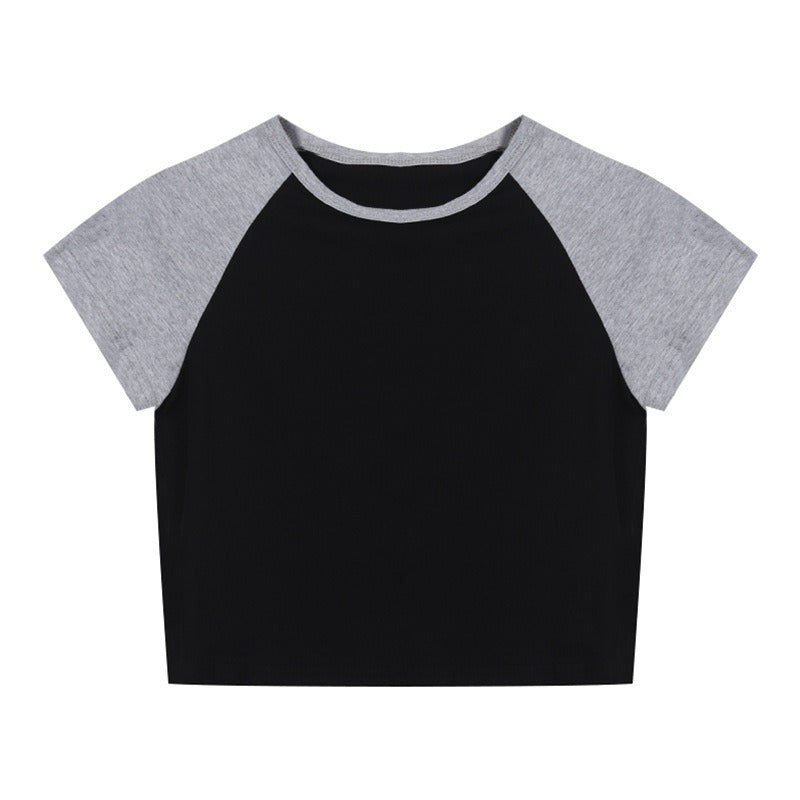 Damen Crop- Baumwollmix Kontrastärmel