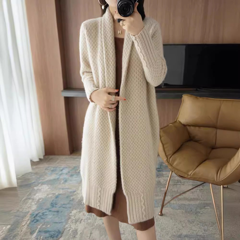 Damen Strickjacke Offene Front Zopfmuster Beige