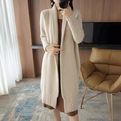 Damen Strickjacke Offene Front Zopfmuster Beige