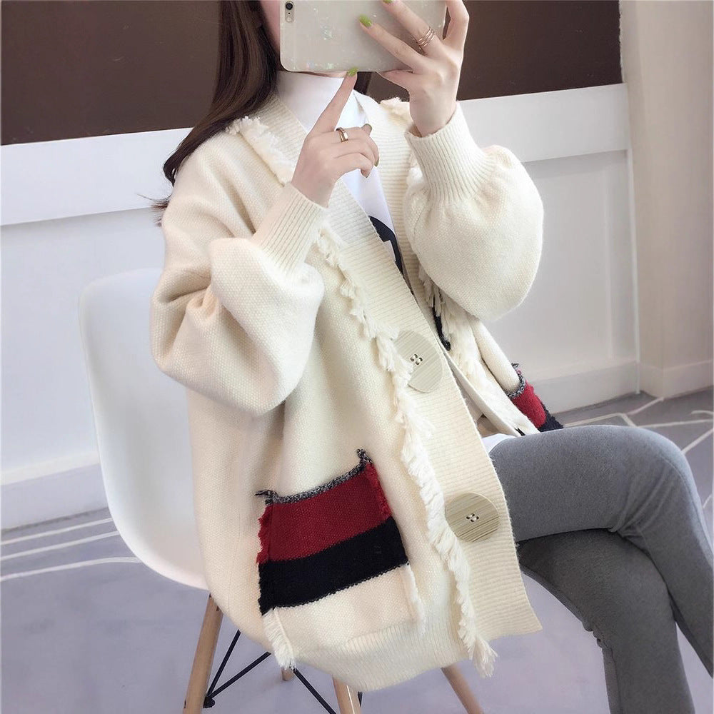 Damen Strickjacke Lässig mit Fransen Details Beige - Norvielle