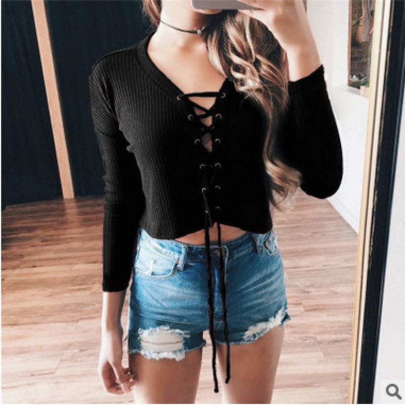 Damen Pullover Cropped Schnürung Norvielle